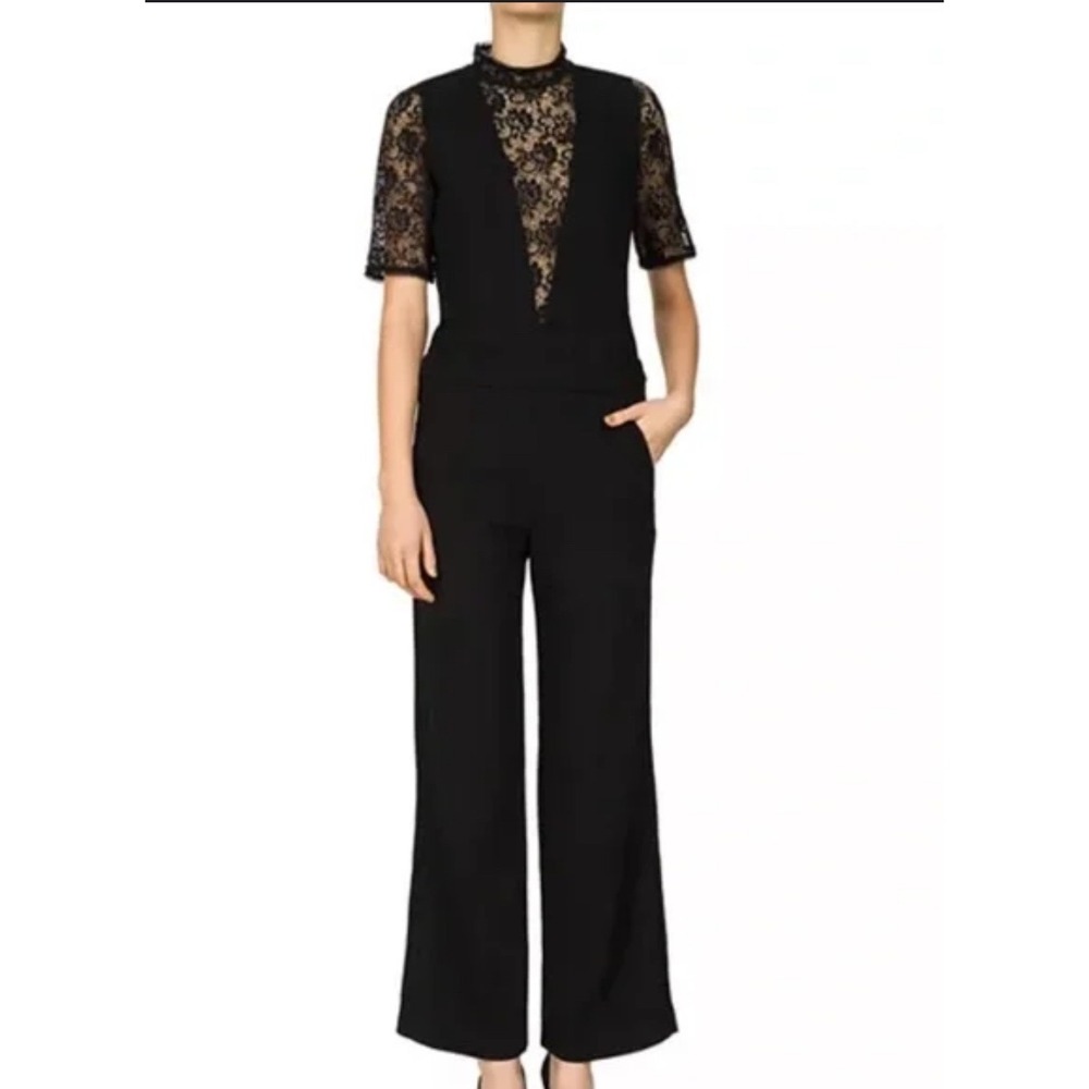NWT The Kooples Daisy Crepe Lace Inset Jumpsuit Black Mock Neck Size FR 40/US 8